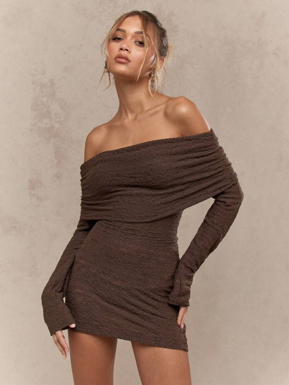 Missguided Brown Off the Shoulder Mini Dress